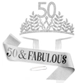 Set 50° compleanno con corona strass argento e fascia glitter 50 & Fabulous - Argento (Set 50° Compleanno)