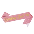 Pink glitter sash with golden Birthday Girl lettering and crown icon for party decor - Birthday Girl-Pink with Gold Letters