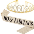 Golden 60th birthday tiara with rhinestones and champagne 60 & Fabulous glitter sash - 60 Years Old Gold Set