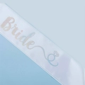 Close-up of white satin Bride sash with laser-glossy lettering and ring icon for weddings - Satin Sash / White Silver Text-Bride with Ring