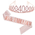 Rose gold 40th birthday set with rhinestone crown and 40 & Fabulous glitter sash - 40 Years Old Rose Gold Set
