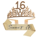 Sparkling Sweet 16 party set with a silver rhinestone crown and gold glitter sash - Gold (Sweet 16 Set)