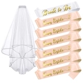Bachelorette party set with white bridal veil and 7 champagne Team Bride satin sashes - Champagne Rose Sash Set With Veil