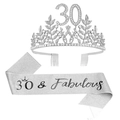 Silver 30th birthday set with rhinestone crown and 30 & Fabulous glitter sash - Silver (30th Birthday Set)