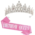 Fascia rosa Birthday Queen glitterata con set di corona tiara in strass argentati - Tiara Bianco Argento (Fascia Regina Rosa)