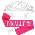 Fuchsia 'FINALLY 21' satin sash with silver 21st birthday rhinestone tiara and pearl pin - Sash Tiara Set / Finally 21 Silver Tiara Rose Red Sash