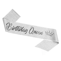 Silver glitter Birthday Queen sash with crown print for girls party celebration - Birthday Queen-Silver with Black Letters