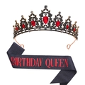 Set Birthday Queen con tiara di bronzo, cristalli rossi e fascia nera con scritte rosse - Tiara Nero Rosso (Fascia Regina Testo Rosso Nera)