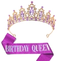 Set Birthday Queen con corona in cristallo dorato e fascia glitterata viola - Tiara Oro Viola (Fascia Regina Viola)