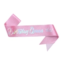 Pink glitter sash with Birthday Queen laser lettering and crown for party decor - Birthday Queen-Pink Holographic