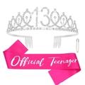 Rose red satin Official Teenager sash with a silver 13th birthday rhinestone tiara crown - Sash Tiara Set / Official Teenager 13th Silver Tiara Rose Red Sash