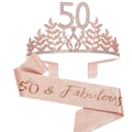 Rose gold 50th birthday party set with rhinestone crown and 50 & Fabulous glitter sash - Rose Gold (50th Birthday Set)