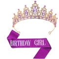 Set d'anniversaire avec diadème en cristal doré et écharpe pailletée violette Birthday Girl - Tiara Or Violet (Écharpe Fille Violette)