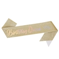 Sparkling gold glitter Birthday Queen party sash with pink font and crown detail - Birthday Queen-Gold Holographic