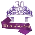 Purple 30th birthday kit with rhinestone crown and 30 & Fabulous glitter sash - Purple (30th Birthday Set)