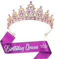 Set Birthday Queen avec tiare dorée aux cristaux violets et écharpe à paillettes assortie - Tiara Or Violet (Écharpe Reine Italique Violette)