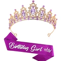 Diadème doré d'anniversaire aux strass violets et écharpe à paillettes violettes - Tiara Or Violet (Écharpe Fille Italique Violette)
