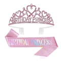 Coffret Birthday Princess rose avec tiare en strass scintillante et écharpe pailletée assortie - Ensemble Rose (Couronne + Écharpe)
