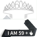 60th Birthday Set: Silver Rhinestone Tiara and I am 59+ Black Satin Sash for Women - Sash Tiara Set / I AM 59+ Silver Tiara Black Sash
