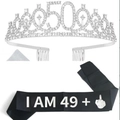 Silver 50th birthday tiara and black sash with I Am 49 plus Middle Finger text - Sash Tiara Set / I AM 49+ Silver Tiara Black Sash
