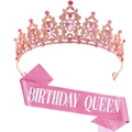 Parure diadème Birthday Queen or rose avec cristaux roses et écharpe rose pailletée - Tiara Or Rose (Écharpe Reine Rose)