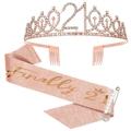 21st birthday set with rose gold rhinestone tiara and Finally 21 glitter sash with pearl pin - Sash Crown Pin Set / 21 Years Old Rose Gold Set