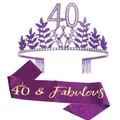 Purple 40th birthday tiara and gold printed sash set with rhinestone crown and glitter fabric - Purple (40th Birthday Set)