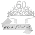 Silver 60th birthday set with 60 & Fabulous sash and crystal rhinestone tiara crown - Silver (60th Birthday Set)
