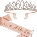 60th Birthday Set with Rose Gold Rhinestone Tiara and 60 & Fabulous Glitter Sash - Sash Crown Pin Set / 60th Birthday Rose Gold