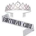 Silver birthday tiara with iridescent rhinestones and Birthday Girl sash set - Silver AB Rhinestone Crown And Sash