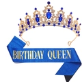Set Birthday Queen avec diadème doré aux cristaux bleus et écharpe à paillettes bleues assortie - Tiara Or Bleu (Écharpe Reine Bleue)