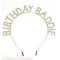 Golden alloy tiara with sparkling rhinestones spelling Birthday Baddie for birthday parties - Birthday Baddie (Gold White Rhinestone)