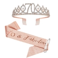 70th Birthday set with rose gold 70 & Fabulous sash, rhinestone tiara and pearl pin - Sash Crown Pin Set / 70th Birthday Rose Gold