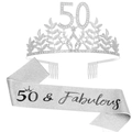 Silver 50th birthday party set with rhinestone crown and 50 & Fabulous glitter sash - Silver (50th Birthday Set)