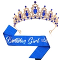 Couronne dorée avec cristaux bleus et écharpe Birthday Girl scintillante bleue pour fêtes - Tiara Or Bleu (Écharpe Fille Bleue)