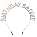 Silver alloy headband featuring sparkling Birthday Baddie rhinestone lettering - Birthday Baddie (Silver White Rhinestone)
