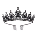 Barocke schwarze Brautkrone mit Strasssteinen und Haarkämmen für Hochzeiten und Feste - Schwarze Basis - Schwarzer Strass & Schwarzes Glas