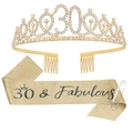 Golden 30th Birthday set with rhinestone tiara, 30 & Fabulous glitter sash and pearl pin - Sash Crown Pin Set / 30th Birthday Gold (Style 2)