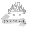Silver 40th birthday set with 40 and Fabulous sash and matching rhinestone crown tiara - Silver (40th Birthday Set)