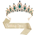 Ensemble écharpe Birthday Queen dorée et diadème avec cristaux vert émeraude - Tiara Or Vert (Écharpe Reine Or)