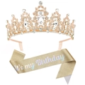 Roségoldene Strass-Tiara und goldene Glitzerschärpe mit It's my Birthday Text - Krone & Schärpe / Goldweiß