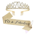 Golden 70th birthday kit with crystal tiara and 70 & Fabulous glitter sash with pin - Sash Crown Pin Set / 70th Birthday Gold