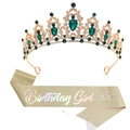 Set Birthday Queen avec couronne dorée, gemmes vertes et écharpe Birthday Girl - Tiara Or Vert (Écharpe Fille Or)