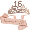 Rose gold 16th birthday set featuring Sweet 16 sash and leaf style rhinestone tiara - Rose Gold (Sweet 16 Set)