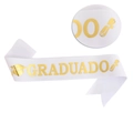 Detalle de banda GRADUADO de satén blanco con letras doradas e iconos de graduación - Talla única / Banda Blanca