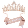Set zum Geburtstag in Roségold mit glitzernder Strass-Tiara und glänzender Schärpe - Krone & Schärpe / Roségold Set