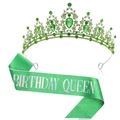 Set Birthday Queen avec diadème de strass verts étincelants et écharpe à paillettes verte - Tiara Blanc Argenté (Écharpe Reine Verte)