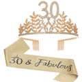 Golden 30th birthday set with 30 & Fabulous sash and crystal rhinestone tiara - Gold (30th Birthday Set)