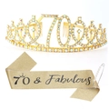 Golden 70th birthday set with 70 and Fabulous sash, rhinestone tiara and pearl pin - Sash Crown Pin Set / 70th Birthday Gold AB Diamond