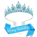 Blauer Geburtstagsschärpe Set mit silbernem Strass-Tiara und passender Anstecknadel - Krone & Schärpe / Seeblaues Set